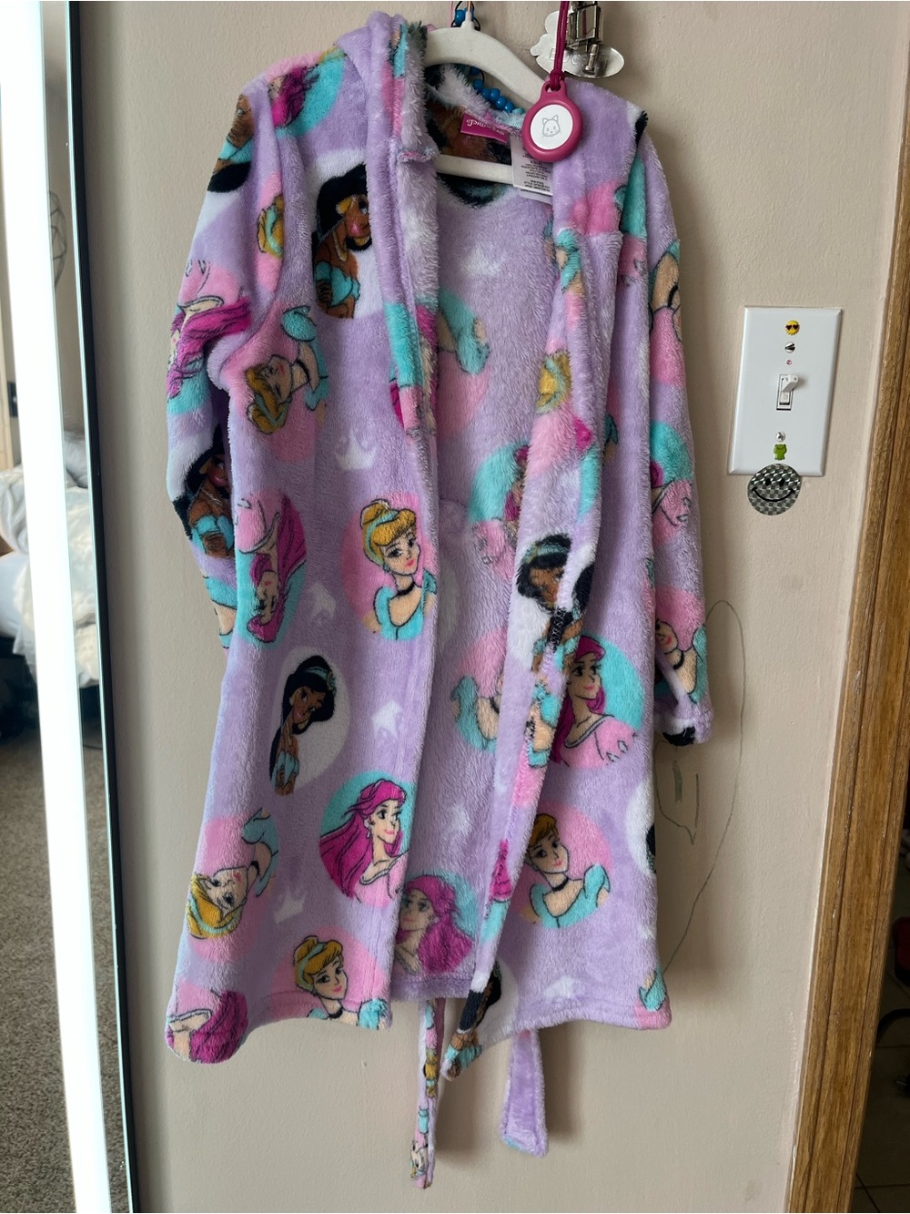 Disney Girls' Lavender Plush Hooded Robe with Princess Prints